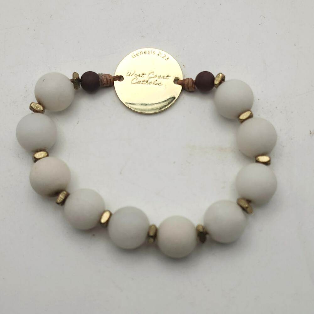 Milky White Quartz Bead Bracelet Genesis 2:23 Scripture Charm Smoky Beads 6.5"‎